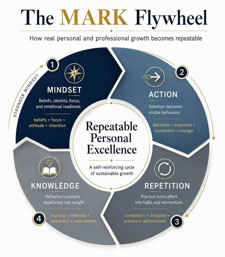 MARK Model Flywheel — Mindset Action Repetition Knowledge — Repeatable Personal Excellence