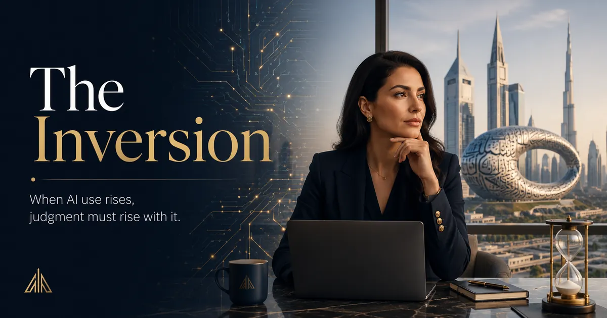 Dubai skyline with a professional weighing an AI recommendation — human judgment as the next skill gap