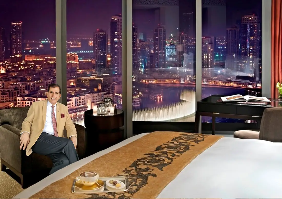 Rajiv Sharma, executive coach, in Dubai with the Burj Khalifa skyline