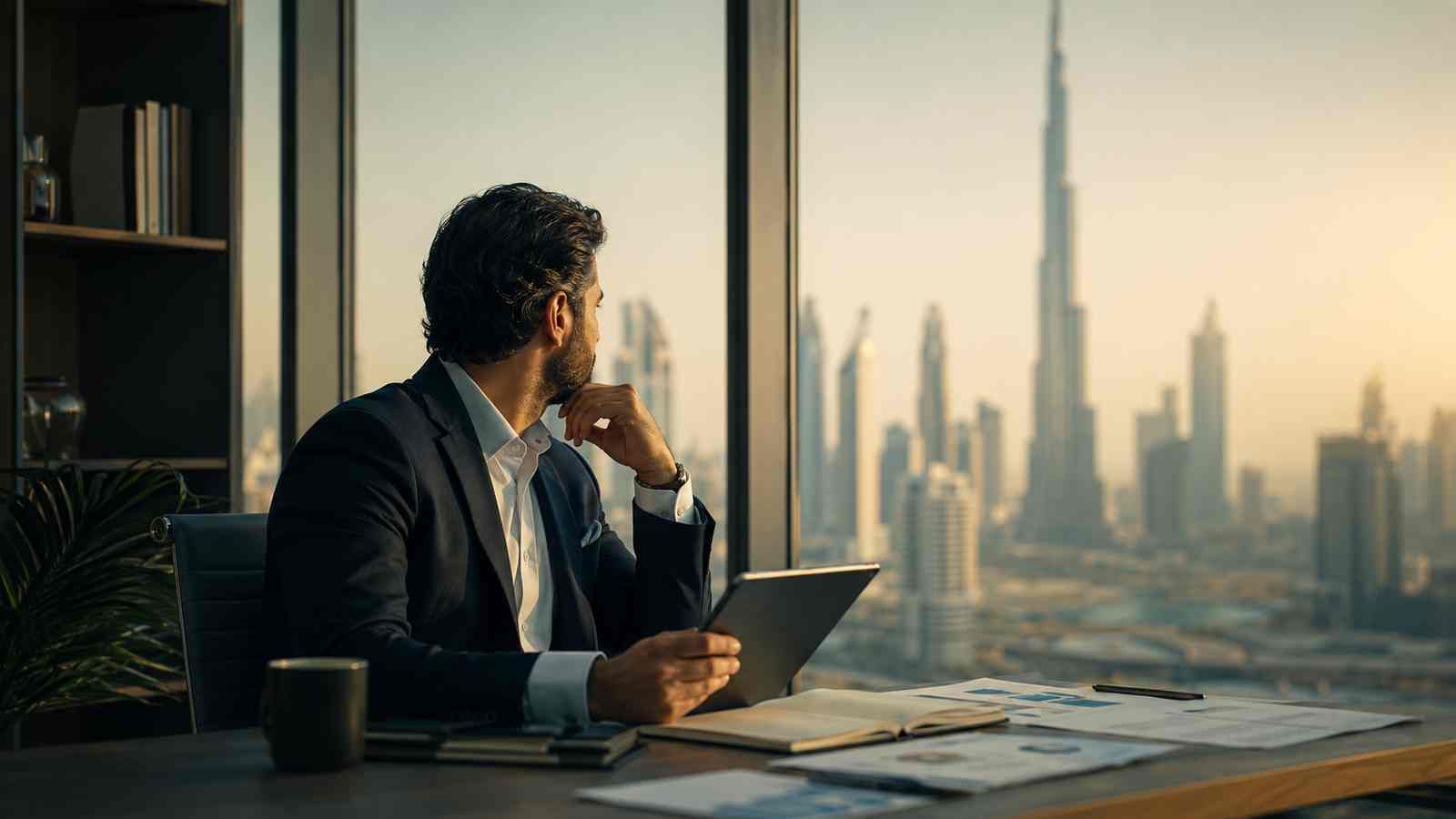 Business owner overlooking the Dubai skyline, reviewing why the business is underperforming.