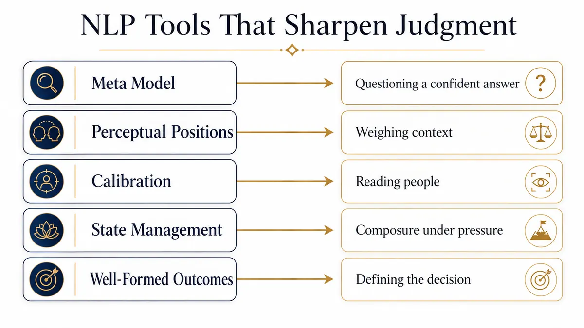 NLP tools to sharpen judgement — Meta Model, Milton Model, anchoring, reframing